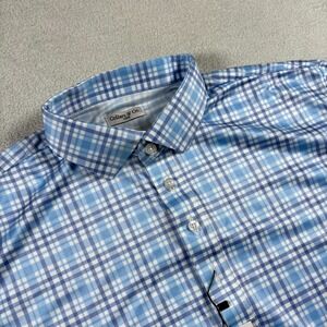 Collars & Co. Dress Collar Polo Shirt Men Large Blue Gingham Check 4 Way Stretch